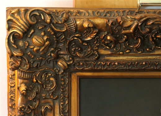 Large Urn of Flowers Print on Board in Elaborate Ornate Gold Frame with Attached Art Light - Frame Measures 49 By 37 