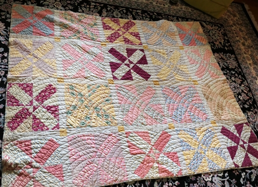 Bushy Fork, NC Hand Made Quilt - Cross / Bowtie Pattern - Measures 77 by 59- Some Worn Areas 