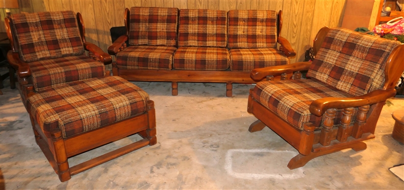 1970''s Pine Sofa, Platform Rocker, and Chair with Ottoman - Orange and Brown Tweed Upholstery 