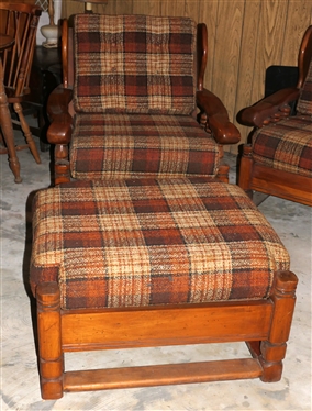 1970''s Pine Sofa, Platform Rocker, and Chair with Ottoman - Orange and Brown Tweed Upholstery 