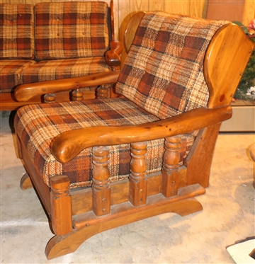 1970''s Pine Sofa, Platform Rocker, and Chair with Ottoman - Orange and Brown Tweed Upholstery 