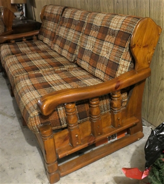 1970''s Pine Sofa, Platform Rocker, and Chair with Ottoman - Orange and Brown Tweed Upholstery 