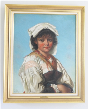 Italian Peasant by A. Figdor Oil on Board Painting - With Brass Tag on Front - Framed - Some Paint Flaking At Lower Right - Frame is 30 By 25 