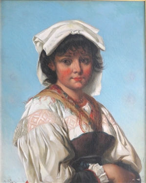 Italian Peasant by A. Figdor Oil on Board Painting - With Brass Tag on Front - Framed - Some Paint Flaking At Lower Right - Frame is 30 By 25 