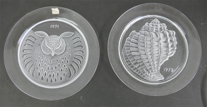 2 Lalique Annual Plates - 1971 Hibou (Owl) and 1972 Coquillage (Shell) - 8 1/4" Each 