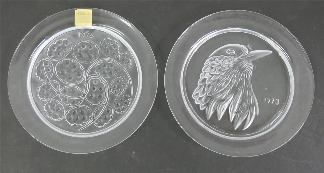 2 Lalique Annual Plates - 1973 Petit Geai (Jayling) and 1974 Sous DArgent (Silver Pennies)