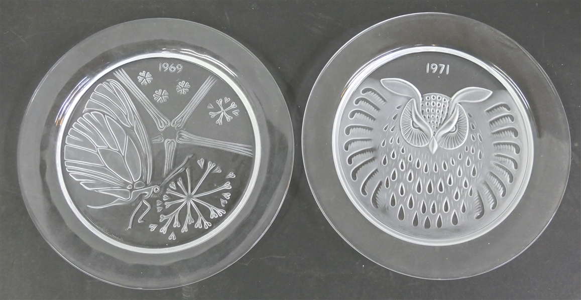 2 Lalique Annual Plates - 1971 Hibou (Owl) and 1969  Papillon (Butterfly)