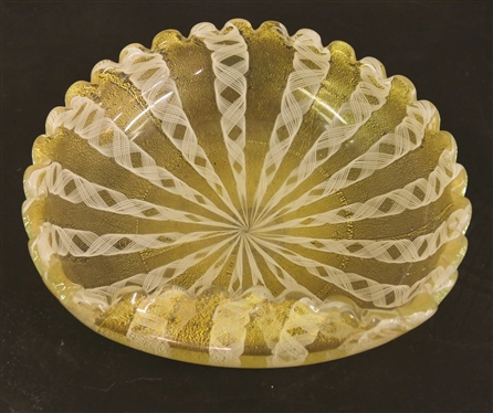Pretty Unsigned Murano / Italian Art Glass Dish with Rolled Edge - Gold and White Threading - Bowl Measures 9 1/2" By 8 1/2"