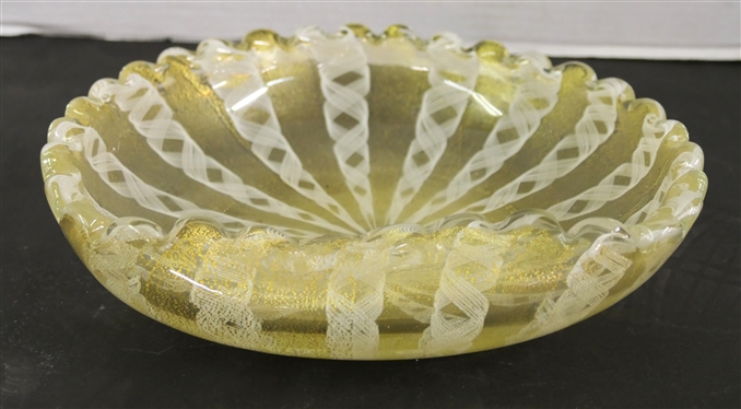 Pretty Unsigned Murano / Italian Art Glass Dish with Rolled Edge - Gold and White Threading - Bowl Measures 9 1/2 By 8 1/2