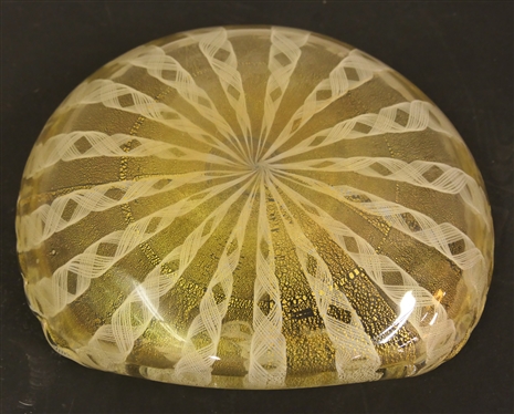Pretty Unsigned Murano / Italian Art Glass Dish with Rolled Edge - Gold and White Threading - Bowl Measures 9 1/2 By 8 1/2