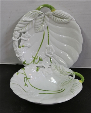 Italian Ceramic Platter and Serving Bowl - White with Embossed Flowers - Bowl is 10 1/2" Platter is 12" - Both Signed Italy on Back 