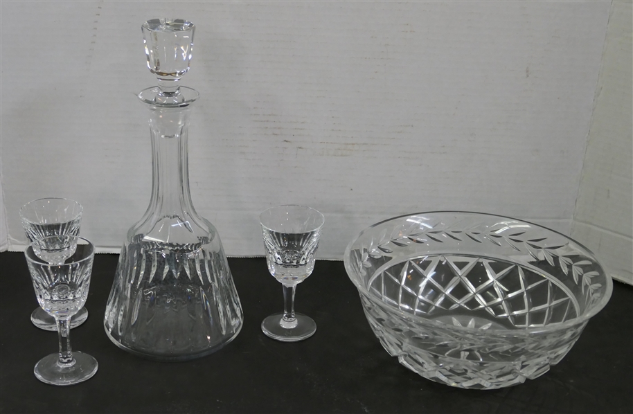 Beautiful Crystal Decanter, 3 Cordials, and Crystal Bowl with Laurel Leaf Trim - Decanter is 11" Tall and Bowl is 8 3/4" Across