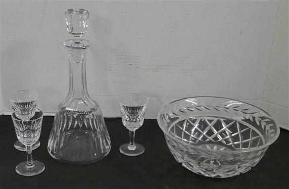 Beautiful Crystal Decanter, 3 Cordials, and Crystal Bowl with Laurel Leaf Trim - Decanter is 11" Tall and Bowl is 8 3/4" Across