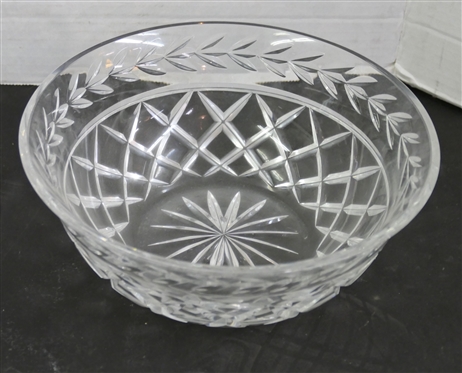 Beautiful Crystal Decanter, 3 Cordials, and Crystal Bowl with Laurel Leaf Trim - Decanter is 11 Tall and Bowl is 8 3/4 Across