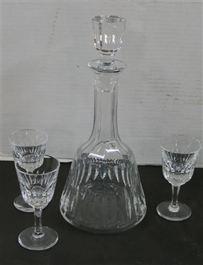 Beautiful Crystal Decanter, 3 Cordials, and Crystal Bowl with Laurel Leaf Trim - Decanter is 11 Tall and Bowl is 8 3/4 Across