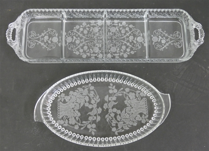 2 Elegant Etched Glass Serving Pieces - Oval Dish with Etched Baskets and Rectangular Divided Dish - 16 1/2" By 4 1/2"