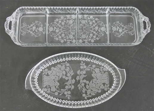 2 Elegant Etched Glass Serving Pieces - Oval Dish with Etched Baskets and Rectangular Divided Dish - 16 1/2" By 4 1/2"