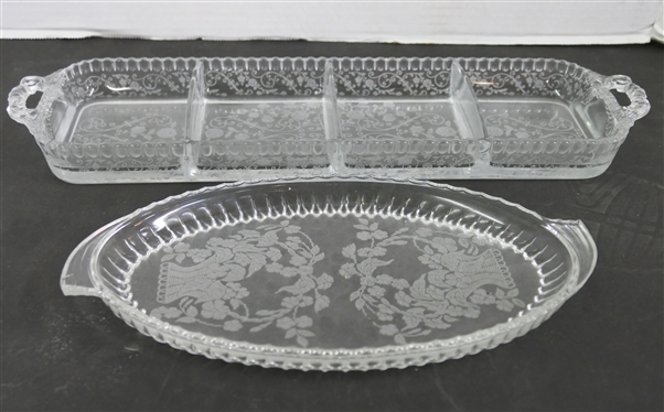 2 Elegant Etched Glass Serving Pieces - Oval Dish with Etched Baskets and Rectangular Divided Dish - 16 1/2 By 4 1/2
