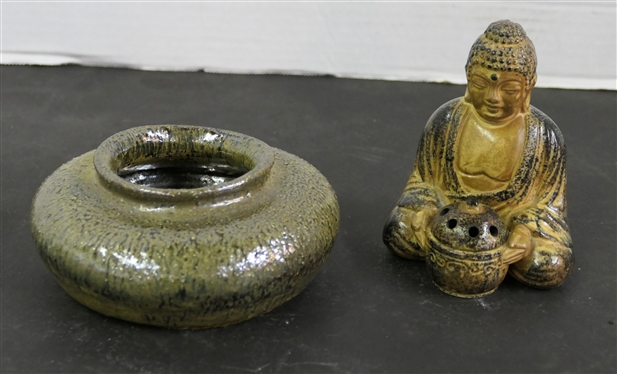 North Carolina Art Pottery Vase with Mirror Glaze and OMC Japan Figural Incense Burner - Pottery Vase is 1 1/2" Tall 5" Across