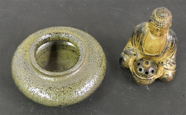 North Carolina Art Pottery Vase with Mirror Glaze and OMC Japan Figural Incense Burner - Pottery Vase is 1 1/2 Tall 5 Across