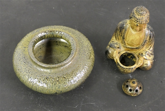 North Carolina Art Pottery Vase with Mirror Glaze and OMC Japan Figural Incense Burner - Pottery Vase is 1 1/2 Tall 5 Across