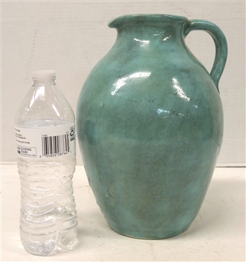 Large 1933 Pisgah Forest Pitcher - Gloss Green Glaze with Pink Interior - 10 1/2 Tall - Stamped on Bottom 