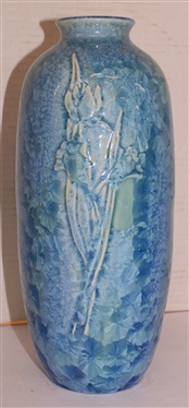 Outstanding Large Phil Morgan Crystalline Pottery Vase with Embossed Iris Flowers - Beautiful Blue Crystalline Glaze - Phil Morgan - Seagrove, NC Pottery - Dated 1996 - Vase is 11 1/2 Tall 