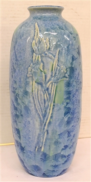 Outstanding Large Phil Morgan Crystalline Pottery Vase with Embossed Iris Flowers - Beautiful Blue Crystalline Glaze - Phil Morgan - Seagrove, NC Pottery - Dated 1996 - Vase is 11 1/2 Tall 
