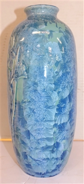 Outstanding Large Phil Morgan Crystalline Pottery Vase with Embossed Iris Flowers - Beautiful Blue Crystalline Glaze - Phil Morgan - Seagrove, NC Pottery - Dated 1996 - Vase is 11 1/2 Tall 
