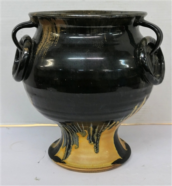 Unusual Large North Carolina Footed Pottery Vessel - 3 Handles with Rings - Black and Yellow Glaze -Attributed to J.B. Cole -  Vessel is 12 tall 9 Across Top Opening 