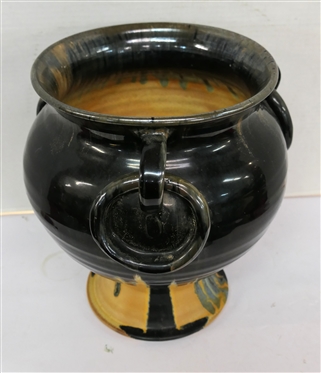 Unusual Large North Carolina Footed Pottery Vessel - 3 Handles with Rings - Black and Yellow Glaze -Attributed to J.B. Cole -  Vessel is 12 tall 9 Across Top Opening 