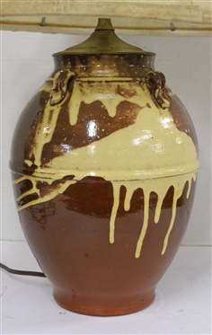 Incredible Master Ben Owen - North Carolina Pottery Table Lamp - Ovoid Shaped Vessel with 4 Loop Handles  - Brown Glaze with Yellow Decoration - Stamped Master Ben Owen on Bottom - Has Always Been...