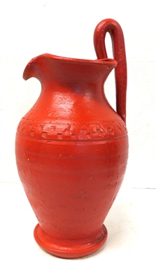 Joe Owen Rebecca Pitcher - Cogglewheel Border - Bright Red Glaze - Unsigned - Attributed to North Carolina Potter Joe Owen - Pitcher is 12 Tall to Top of Handle