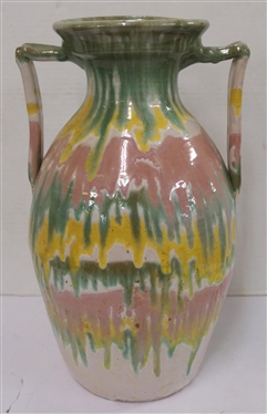 Very Large Unsigned North Carolina Rainbow Pottery / Cole Pottery  Vase - Double Handles - Green, Yellow, White, and Pink Glaze - Vase is 14 1/2 Tall 