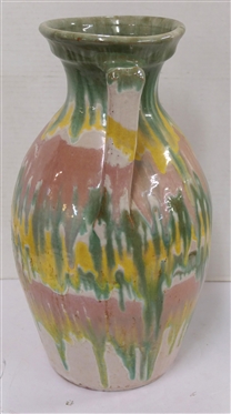 Very Large Unsigned North Carolina Rainbow Pottery / Cole Pottery  Vase - Double Handles - Green, Yellow, White, and Pink Glaze - Vase is 14 1/2 Tall 