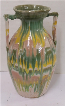 Very Large Unsigned North Carolina Rainbow Pottery / Cole Pottery  Vase - Double Handles - Green, Yellow, White, and Pink Glaze - Vase is 14 1/2 Tall 