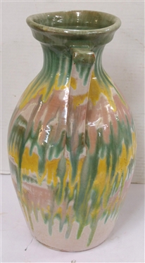Very Large Unsigned North Carolina Rainbow Pottery / Cole Pottery  Vase - Double Handles - Green, Yellow, White, and Pink Glaze - Vase is 14 1/2 Tall 
