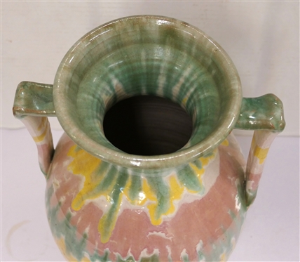 Very Large Unsigned North Carolina Rainbow Pottery / Cole Pottery  Vase - Double Handles - Green, Yellow, White, and Pink Glaze - Vase is 14 1/2 Tall 