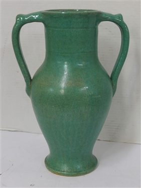 Large Turquoise Green Double Handled Vase - North Carolina Pottery Attributed To J.B. Cole - 13 1/2 Tall 