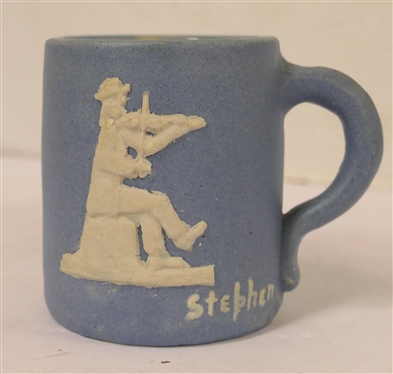 Pisgah Forest Pottery Cameo Mug - Signed Stephen - Dated 1932 - Musician on Front and Stephen - Mug is 3 1/2 Tall 