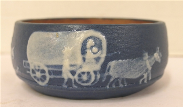 Blue Cameo Pottery Bowl -Covered Wagon Scene and Stephen 1959 -   - Marked Cameo Stephen Long Arden, NC on Bottom - Bowl 2 1/4 Tall 5 Across