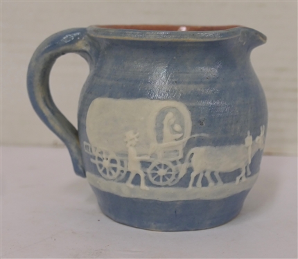 Light Blue Cameo Pottery Creamer  - Covered Wagon Scene - Cameo Stephen Long Pines - Arden, NC on Bottom - Cream Pitcher is 3 1/4 Tall 3 Across 