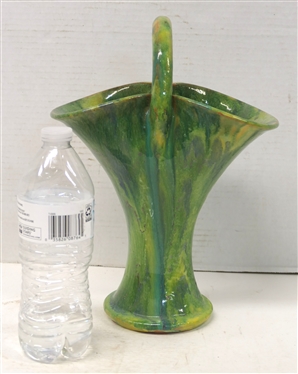 Unsigned Cole Family North Carolina Pottery Basket - Green Variegated Glaze - Basket is 9 Tall Not Including Handle - Some Minor Flakes Along Outer Edge of Basket