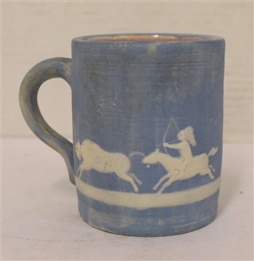 Light Blue Cameo Mug  with Running Buffalo and Indian with Bow - Dated 1959 - By Stephen - Long Pines - Arden, NC - Mug is 3 1/2 Tall 