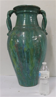 Rainbow / Cole North Carolina Pottery Floor Vase - Large Vase with Turquoise, Blue, Green, and Purple Glaze - Double Braided Handles - Attributed To A.R. Cole - Vase is 23 Tall - Not Marked 