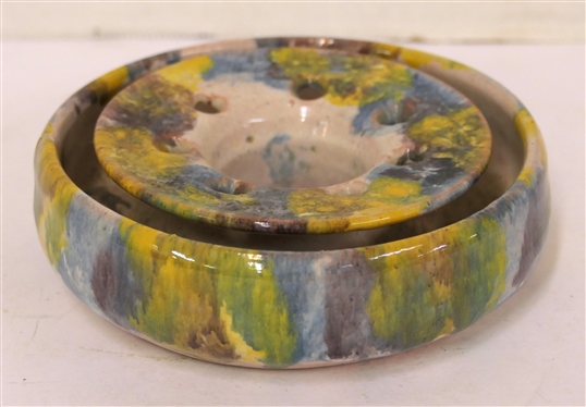 Blue Ridge Hand Made Pottery Flower Frog - Colorful Glaze - Frog is 5 Across - Stamped on Bottom with Original Pencil Price of .79 Cents - Attributed To C. C. Cole - Very Small Imperfection in...