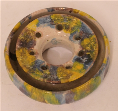 Blue Ridge Hand Made Pottery Flower Frog - Colorful Glaze - Frog is 5 Across - Stamped on Bottom with Original Pencil Price of .79 Cents - Attributed To C. C. Cole - Very Small Imperfection in...