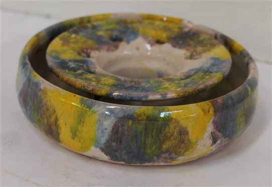 Blue Ridge Hand Made Pottery Flower Frog - Colorful Glaze - Frog is 5 Across - Stamped on Bottom with Original Pencil Price of .79 Cents - Attributed To C. C. Cole - Very Small Imperfection in...