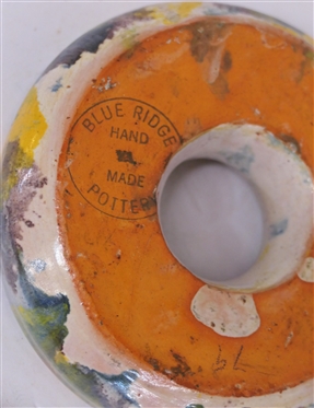 Blue Ridge Hand Made Pottery Flower Frog - Colorful Glaze - Frog is 5 Across - Stamped on Bottom with Original Pencil Price of .79 Cents - Attributed To C. C. Cole - Very Small Imperfection in...