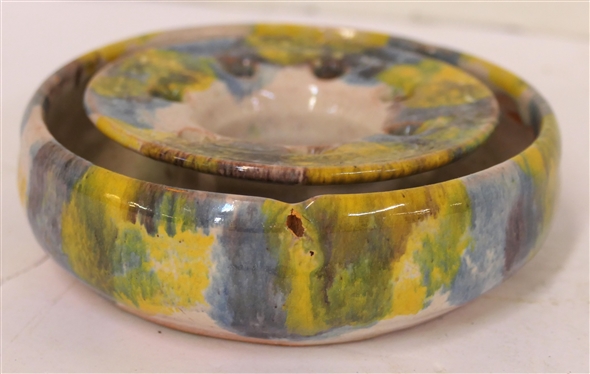Blue Ridge Hand Made Pottery Flower Frog - Colorful Glaze - Frog is 5 Across - Stamped on Bottom with Original Pencil Price of .79 Cents - Attributed To C. C. Cole - Very Small Imperfection in...